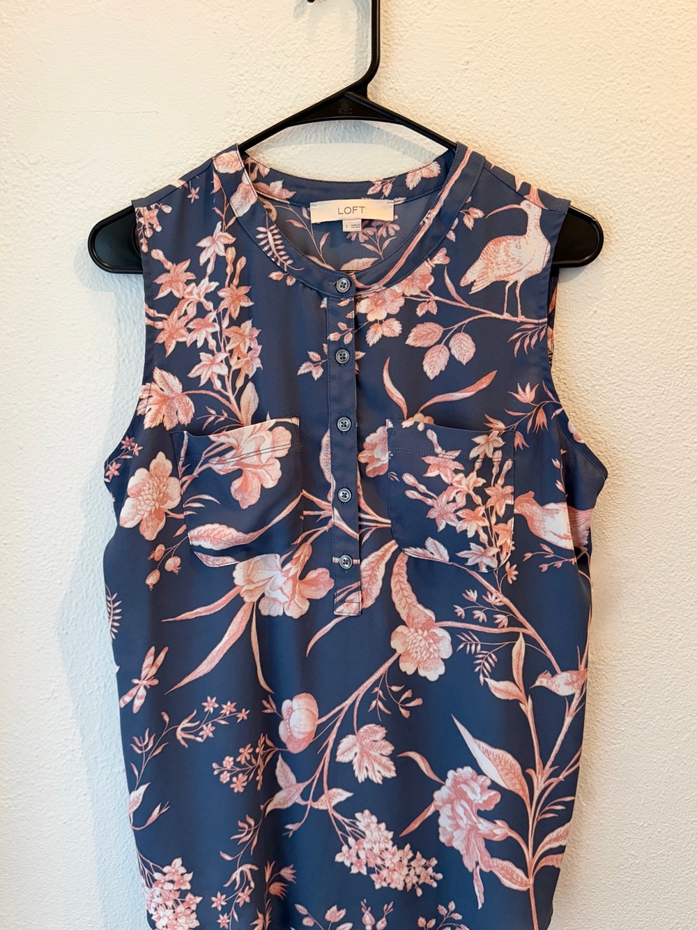 LOFT Navy and Blush Floral Sleeveless Blouse